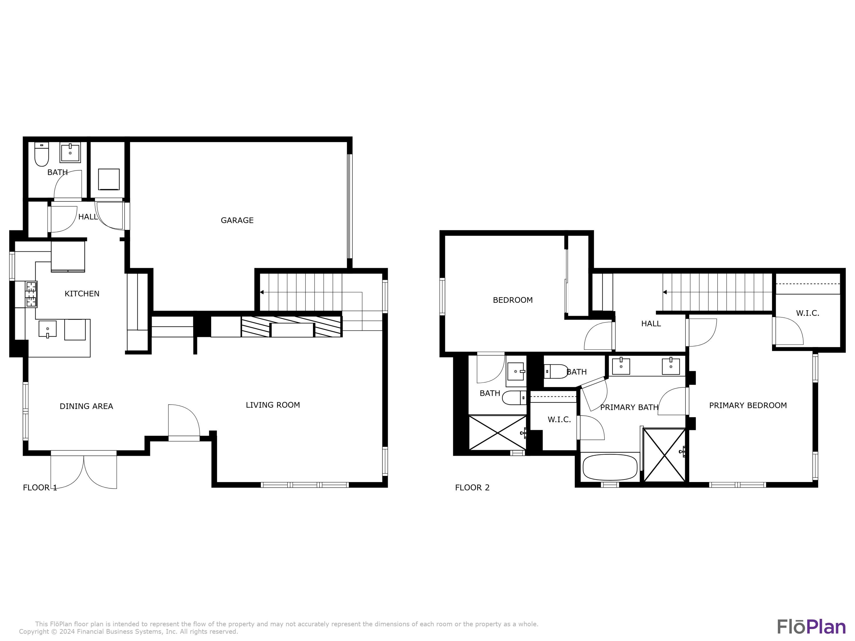 Two-story floor plan showing living areas and garage on the first floor and bedrooms and bathrooms on the second.