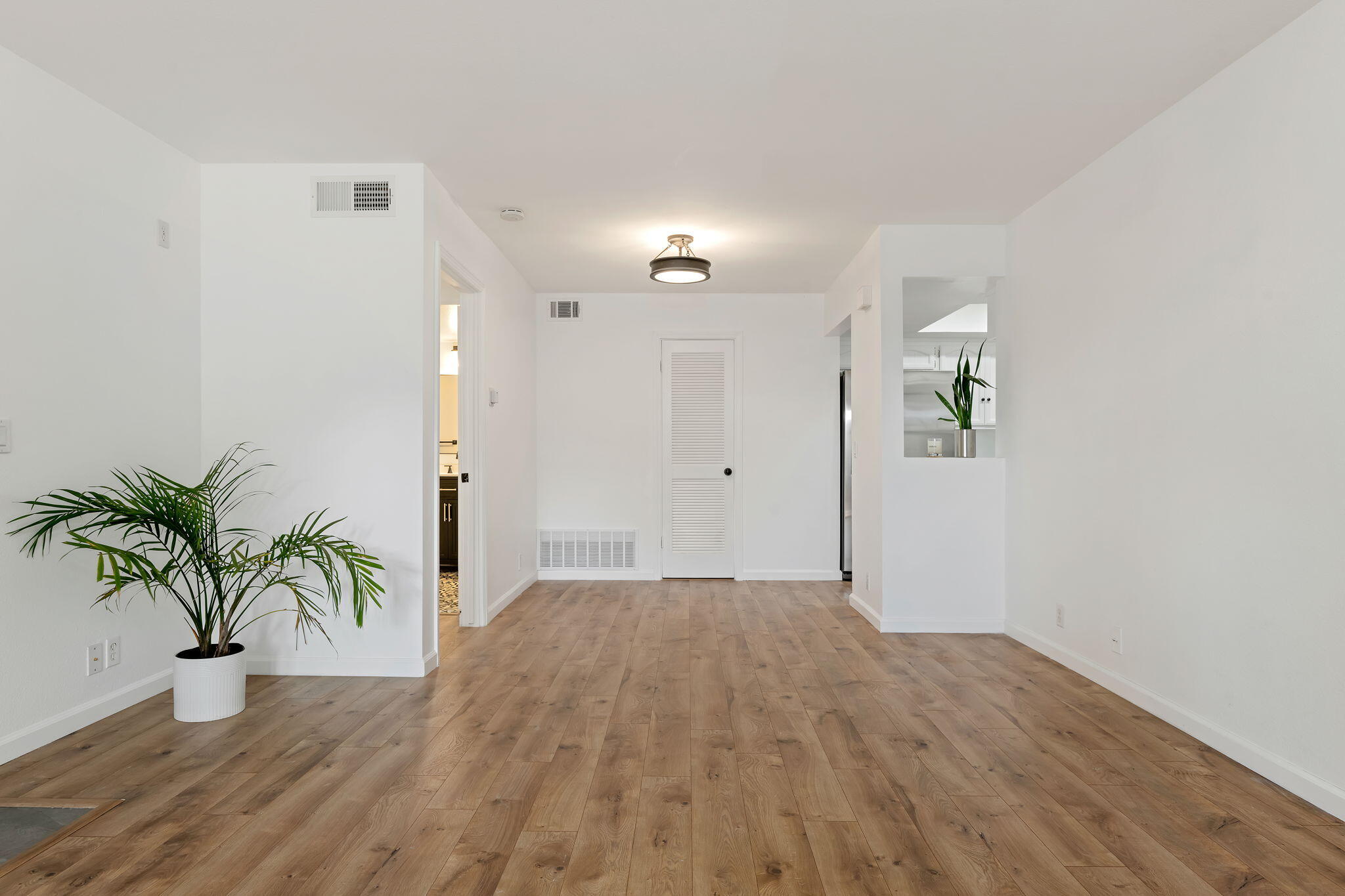 Open living area with warm wood floors, a potted palm, and a view into the kitchen.