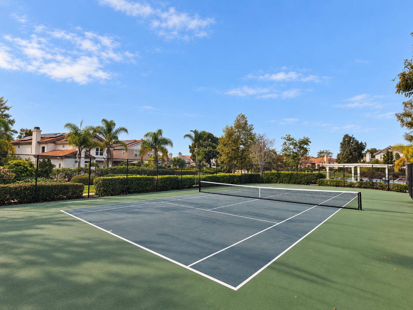 Outdoor tennis court with a net, surrounded by landscaped grounds and homes.