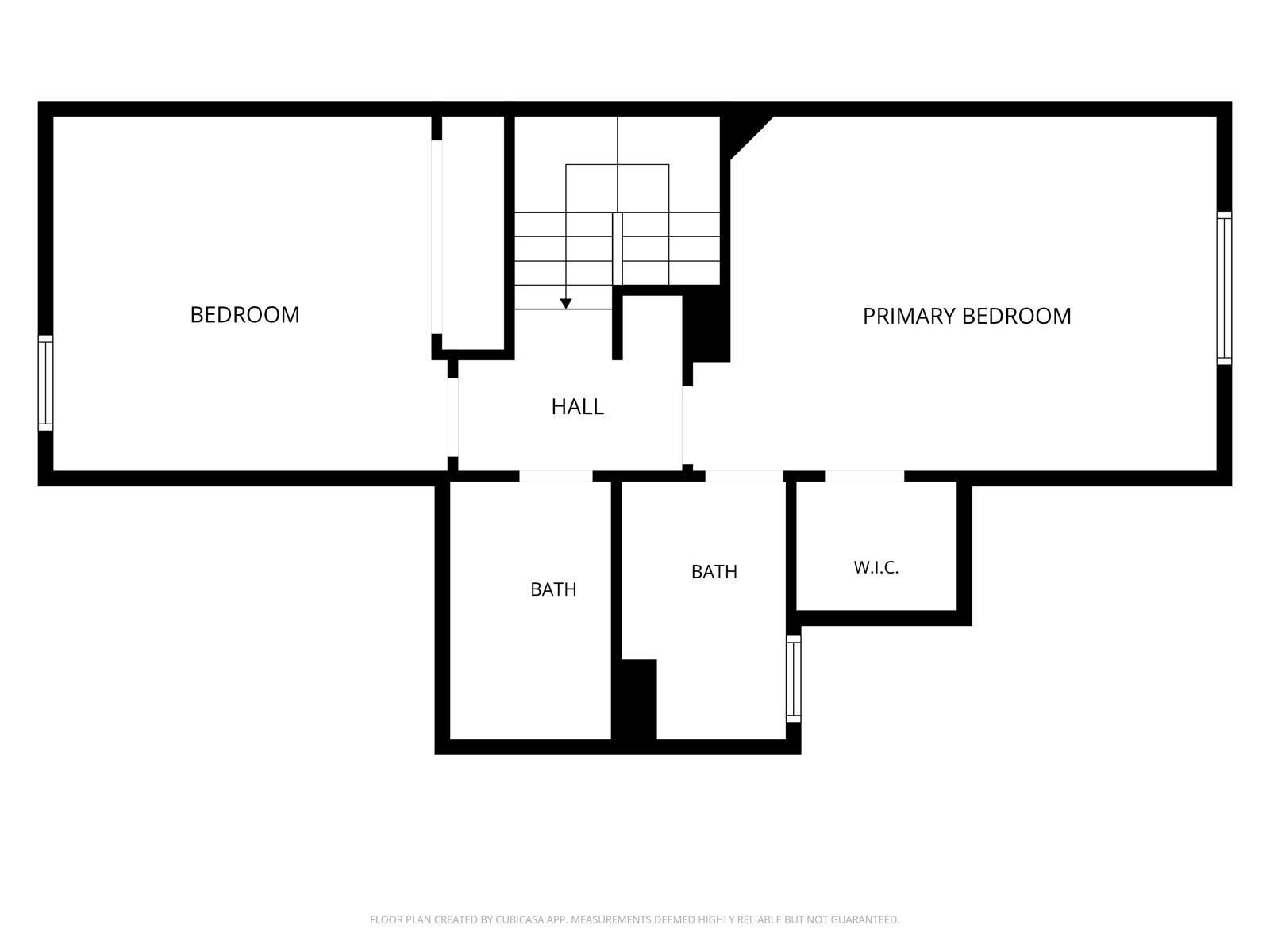 Floor plan with a bedroom, primary bedroom, two bathrooms, hall, and walk-in closet.