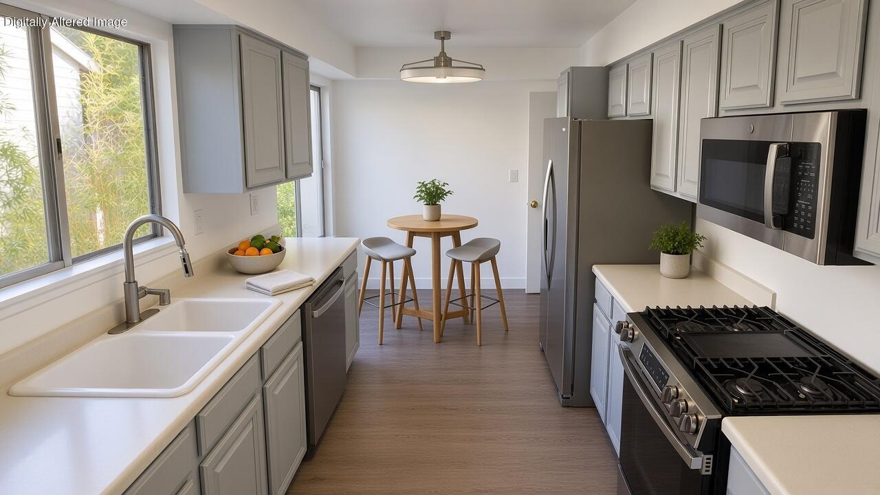 Kitchen with gray cabinets, stainless steel appliances, and a small table by the windows.