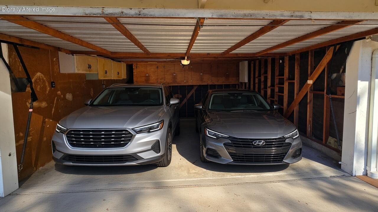 Two gray sedans parked side by side in a garage with exposed wooden framing.
