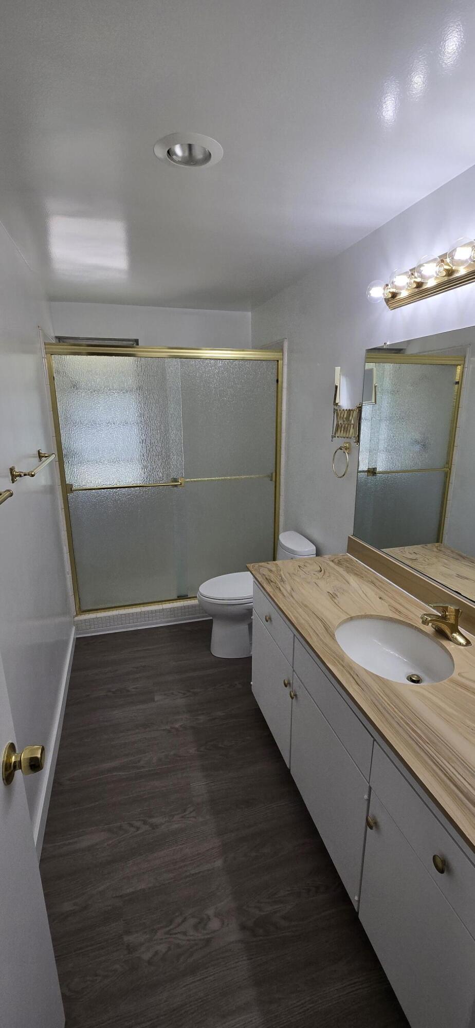 Bathroom with a gold-trimmed glass shower and a long wood-pattern vanity countertop.