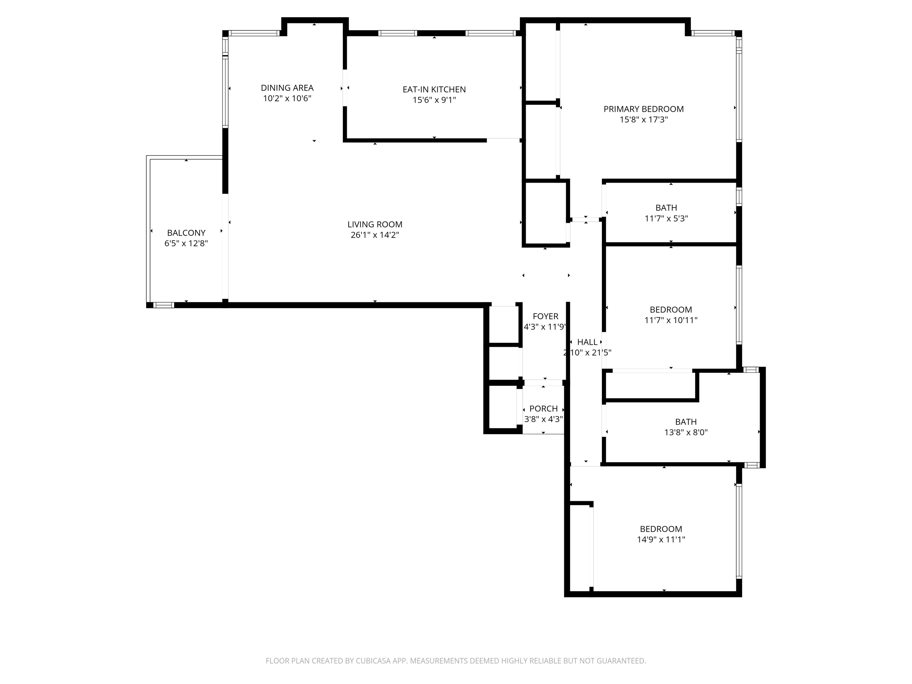 Floor plan showing three bedrooms, two bathrooms, living and dining areas, kitchen, balcony, and porch.