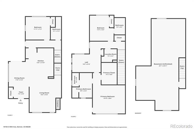 Floor plan showing the first floor, second floor, and unfinished basement of 10155 E 59th Avenue.