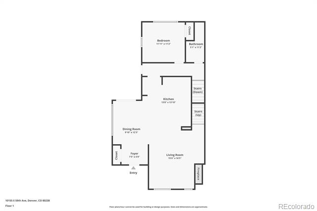 First-floor plan showing a bedroom, bathroom, kitchen, dining room, foyer, and living room.