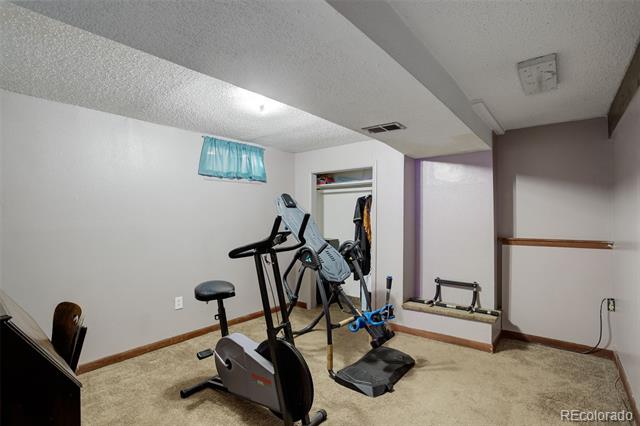 Basement exercise room with a treadmill, elliptical, stationary bike, and weight bench.