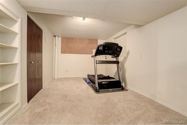 Carpeted exercise room with a treadmill, built-in shelving, and dark wood closet doors.