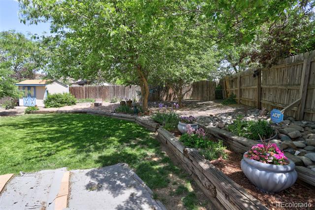 Backyard with a shaded lawn, raised flower beds, colorful planters, and a small shed.