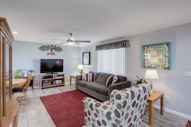 Furnished living room with gray sofa, patterned armchair, red rug, and television.