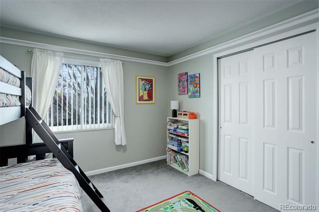 Bedroom with a black bunk bed, colorful rug, and white sliding closet doors