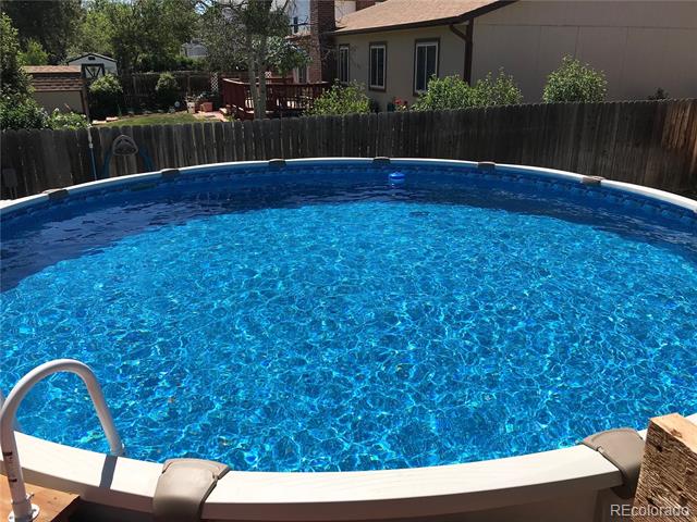 Round above-ground backyard pool with bright blue water, a white ladder, and a wooden privacy fence.