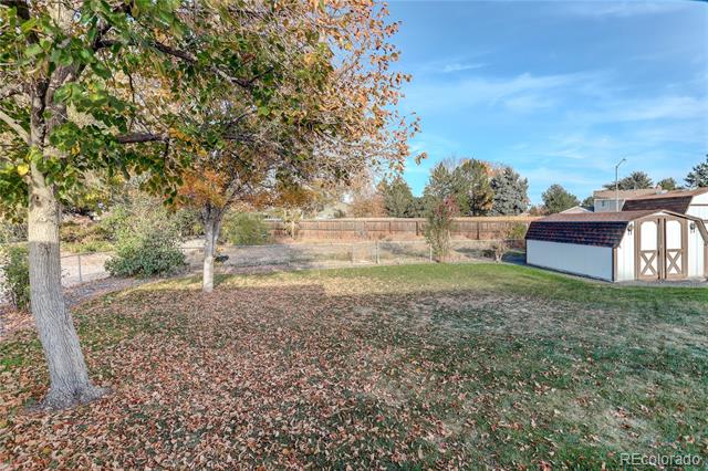 Backyard with autumn leaves, mature trees, a fenced lawn, and a detached storage shed.