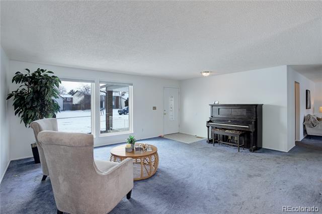 Living room with a black upright piano, blue-gray carpet, and large windows overlooking snow.