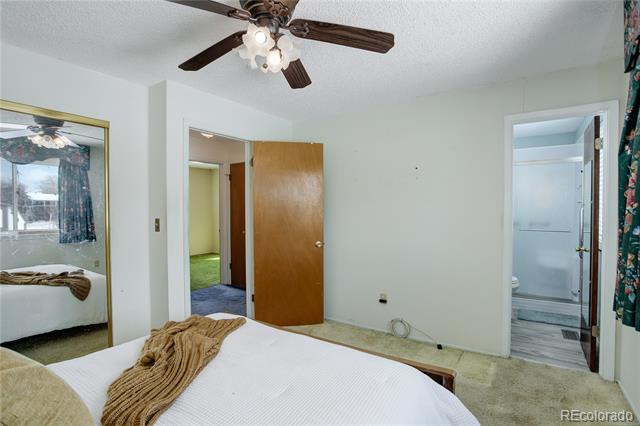 Bedroom with a ceiling fan, mirrored closet door, and open bathroom doorway.