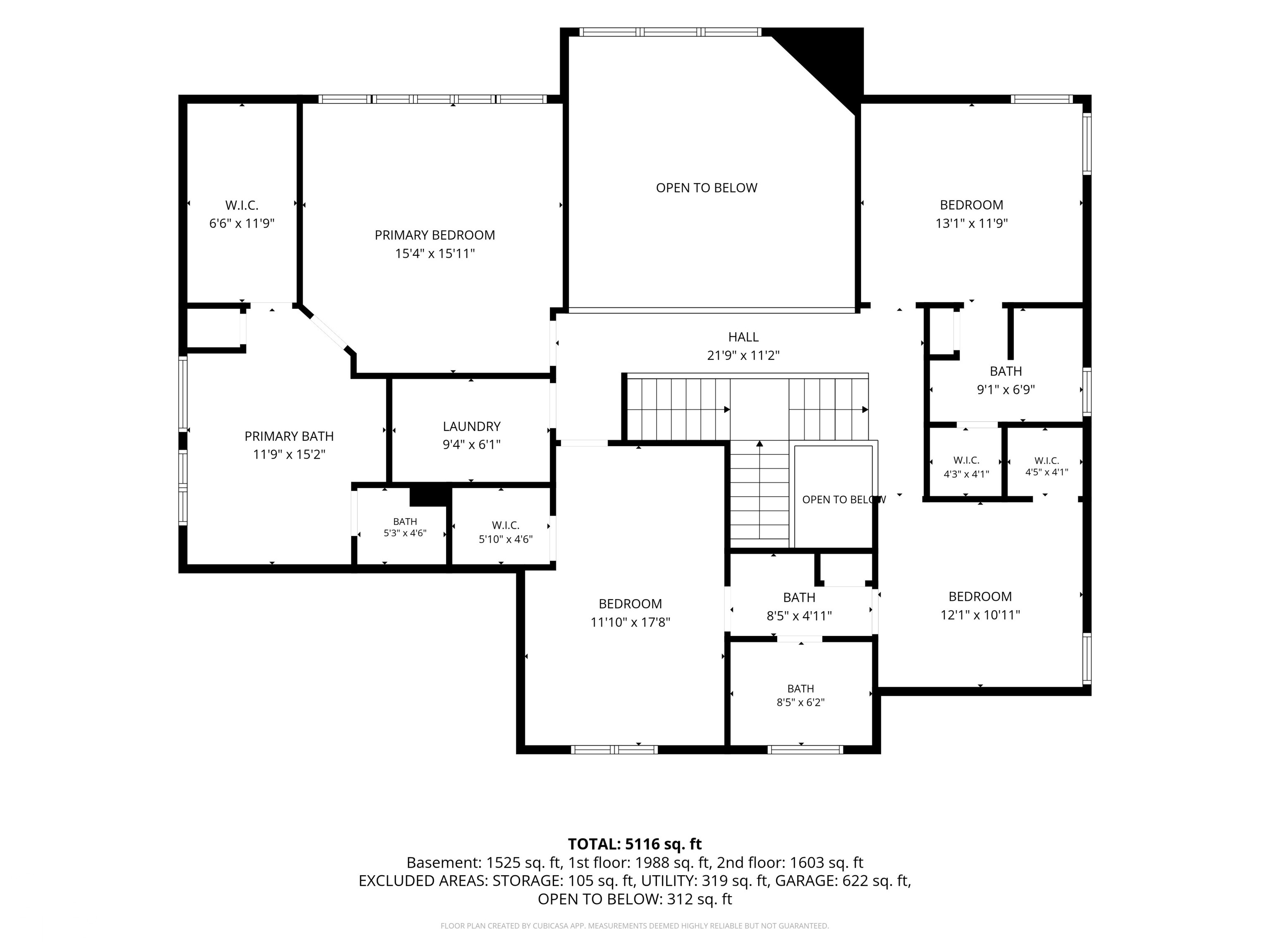 Second-floor floor plan with four bedrooms, bathrooms, laundry, closets, and areas open to below.