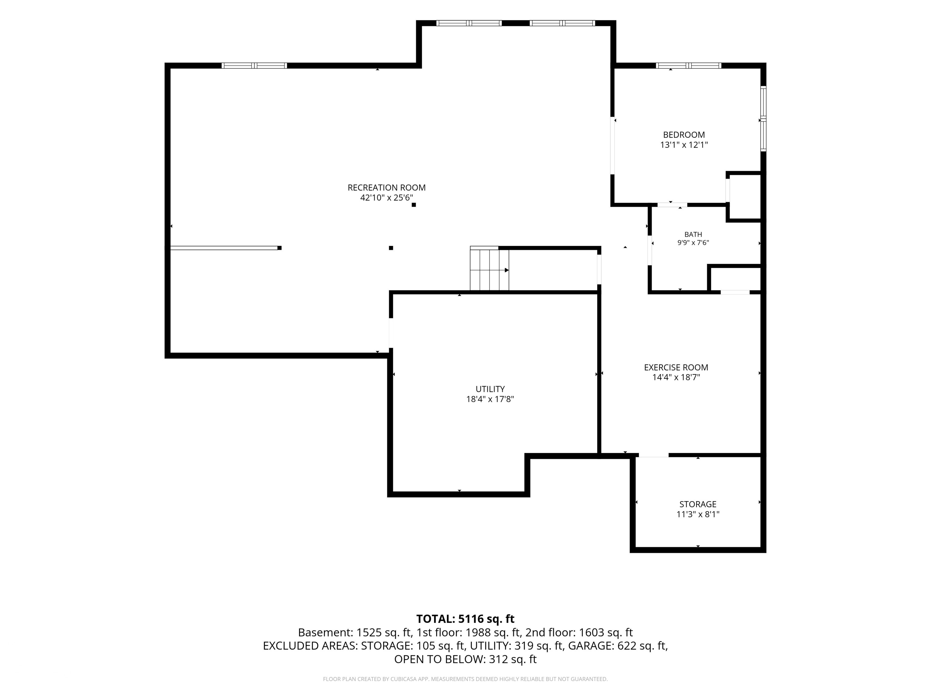 Basement floor plan with a large recreation room, bedroom, bath, exercise room, utility room, and storage.
