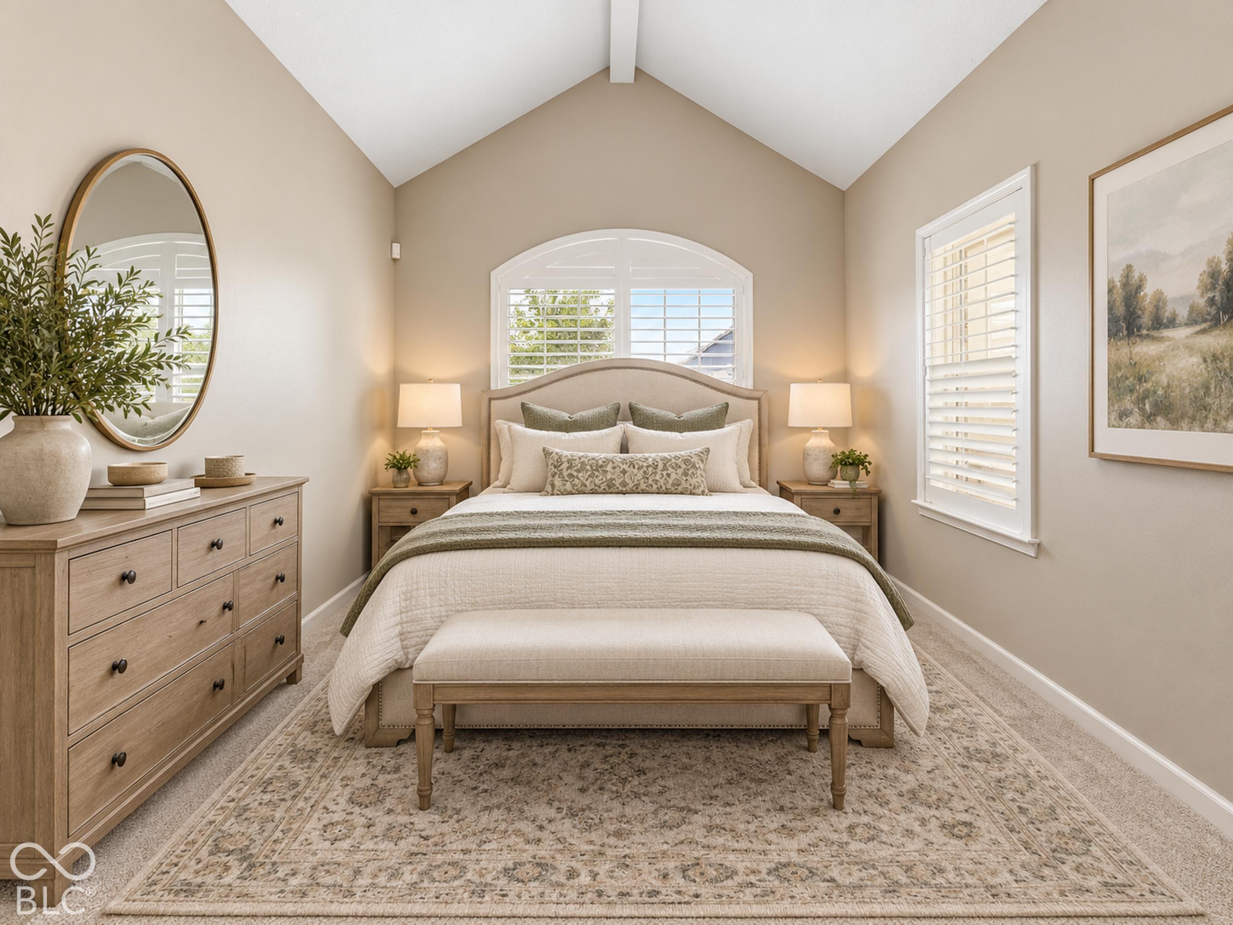 Staged bedroom with an upholstered bed beneath a vaulted ceiling and arched shuttered window.