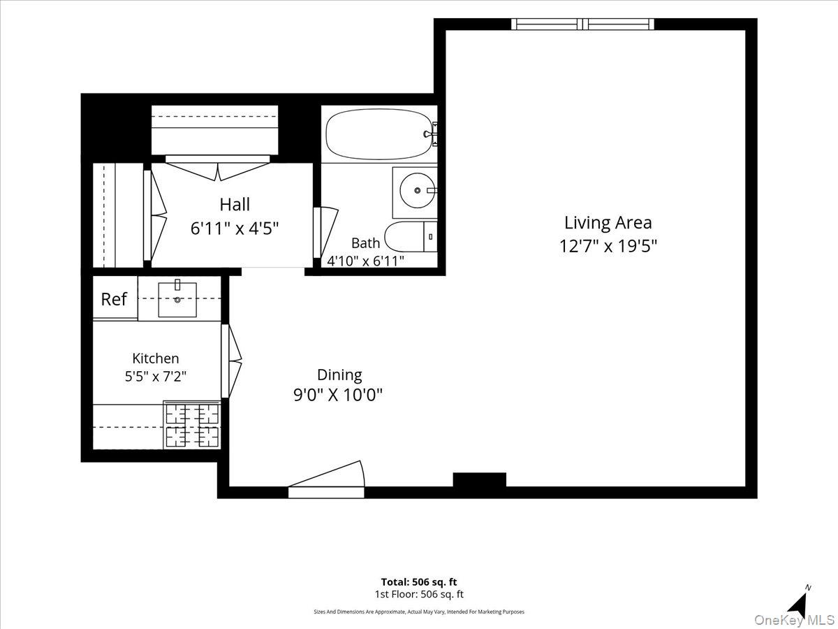 Floor plan showing the living area, dining area, kitchen, bathroom, and hall in Unit 6R.