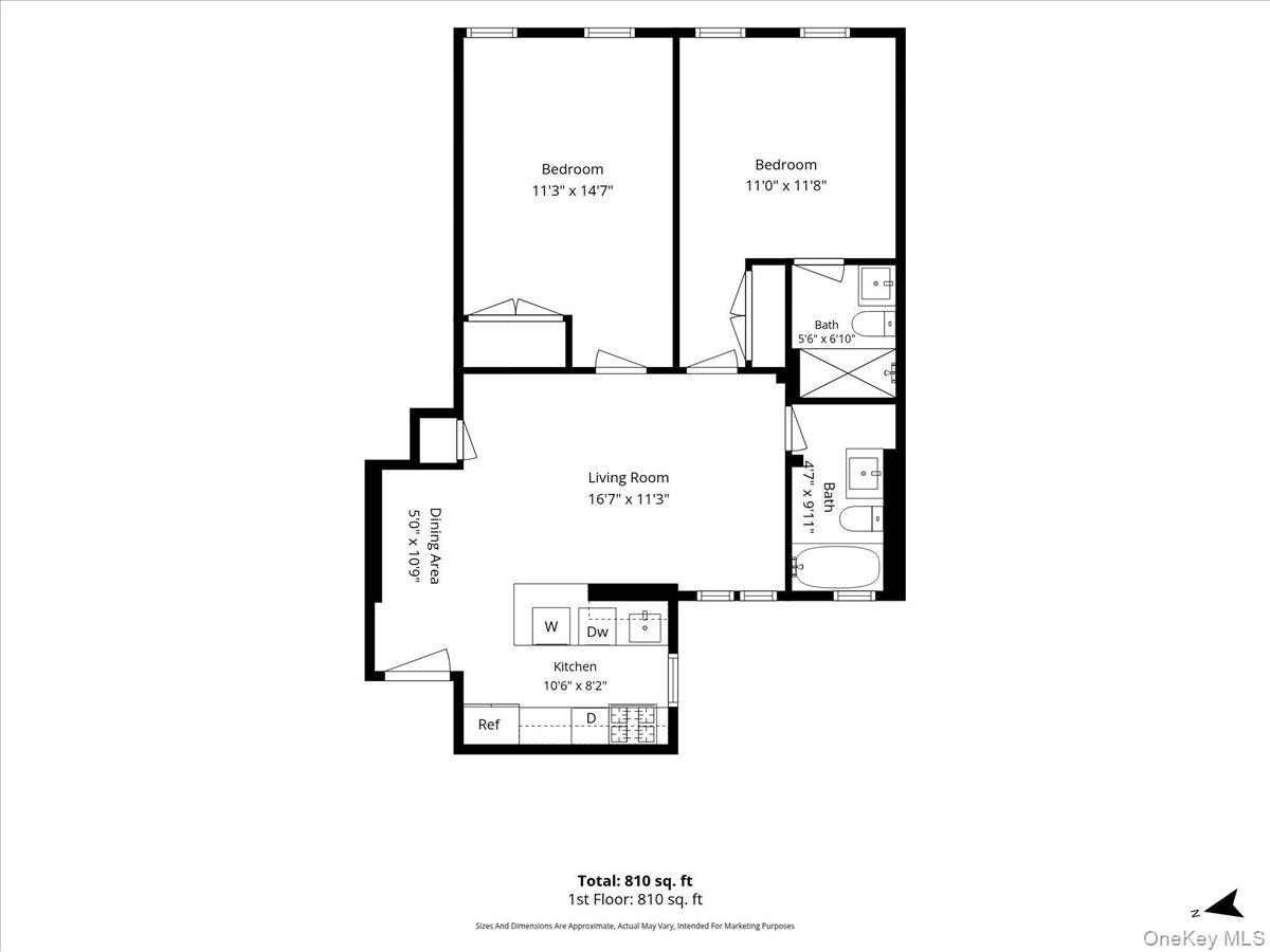 Floor plan showing two bedrooms, two bathrooms, living room, dining area, and kitchen.