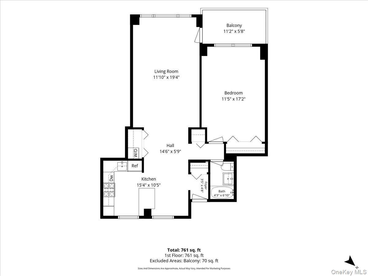 One-bedroom apartment floor plan with a balcony and 761 square feet of interior space.