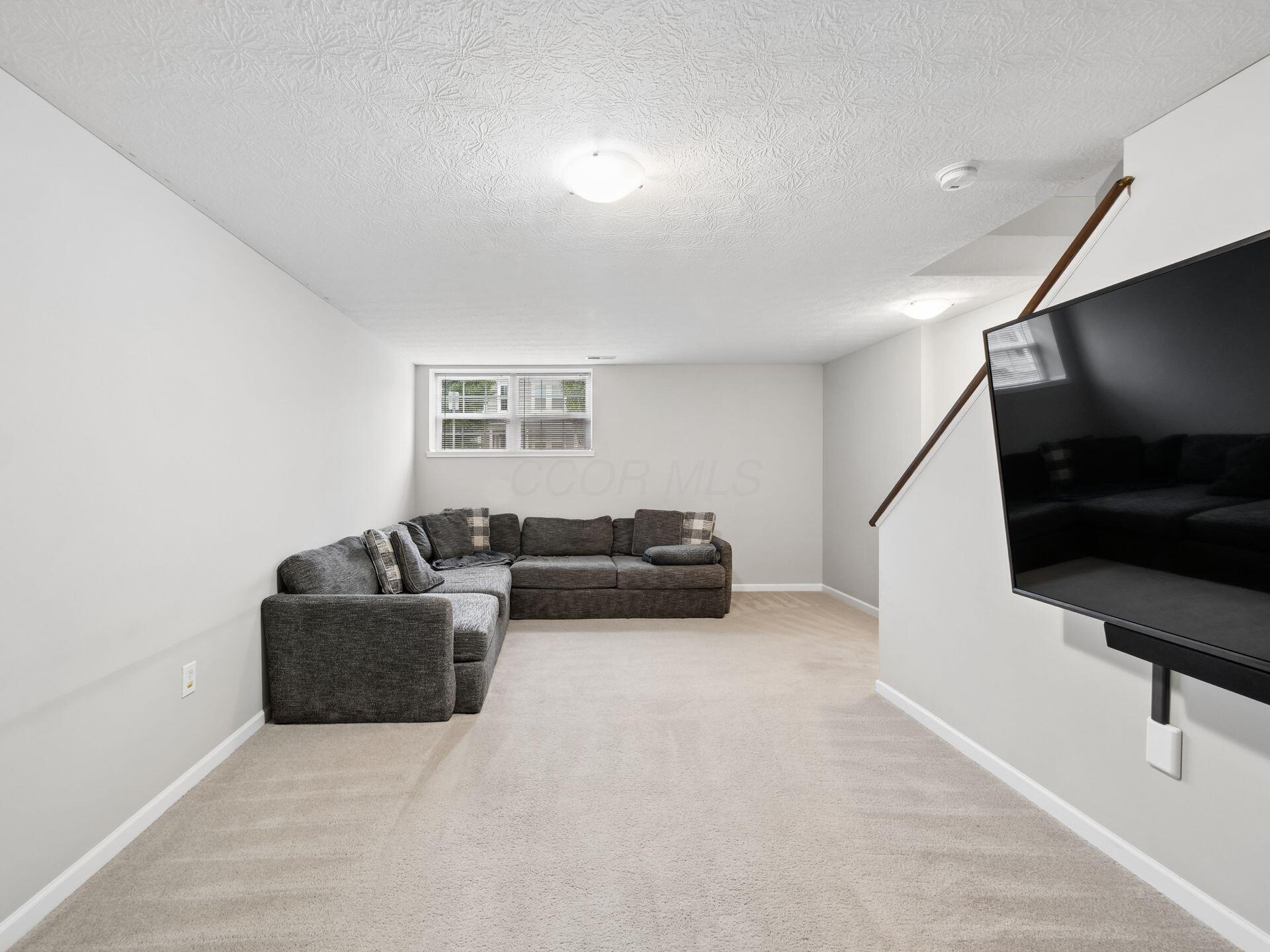 Basement recreation room with a gray sectional sofa, beige carpet, and large-screen television.