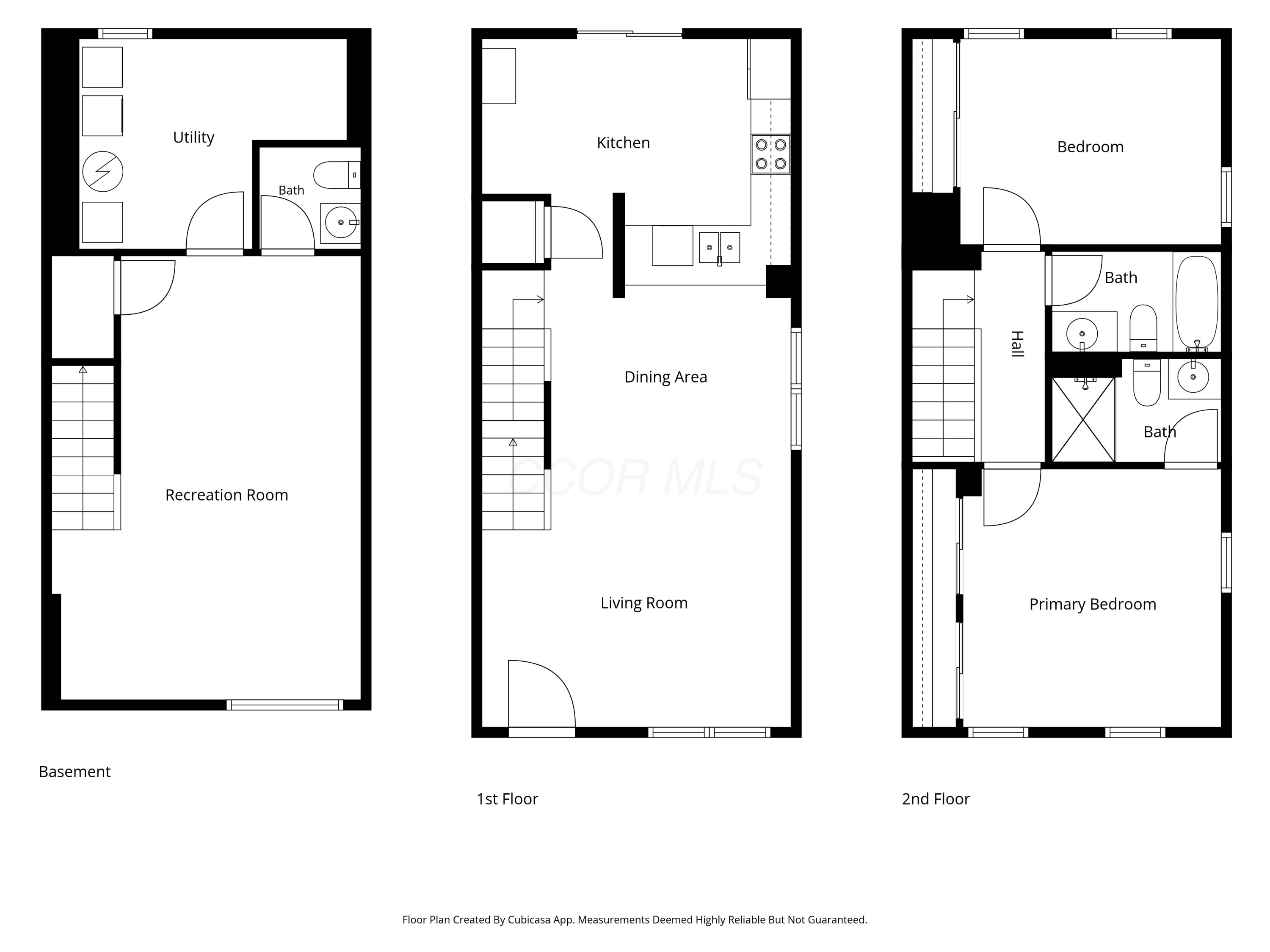 Three-level floor plan showing basement, first-floor living spaces, and two second-floor bedrooms with baths.