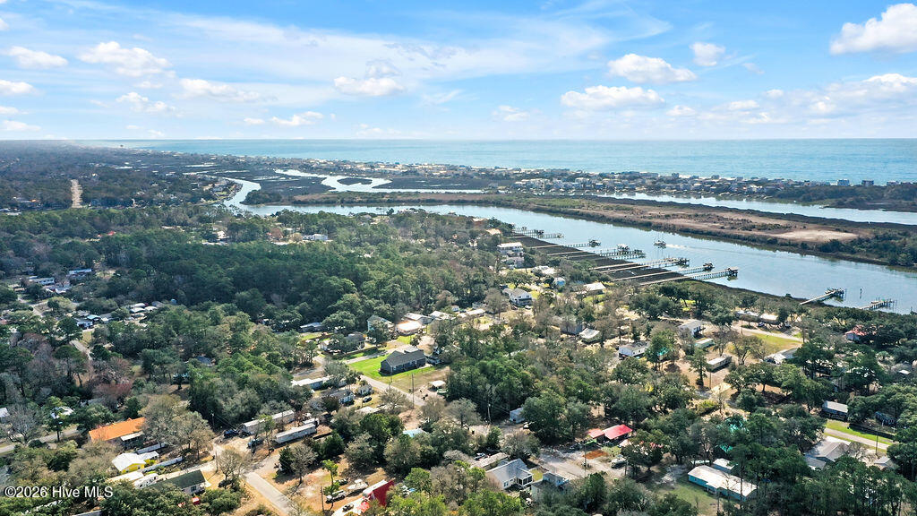 Aerial view of a wooded coastal neighborhood, winding waterways, docks, and ocean horizon.
