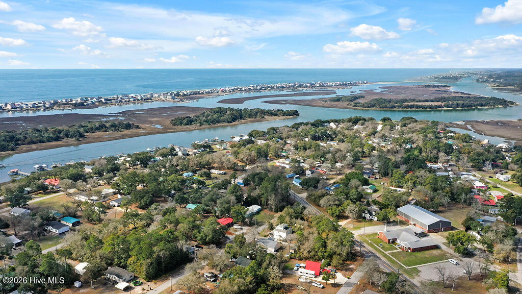 Aerial view of a coastal neighborhood, tidal marshes, and ocean beyond.
