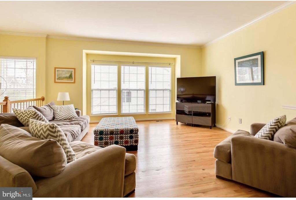 Furnished living room with hardwood floors, large windows, patterned ottoman, and television.
