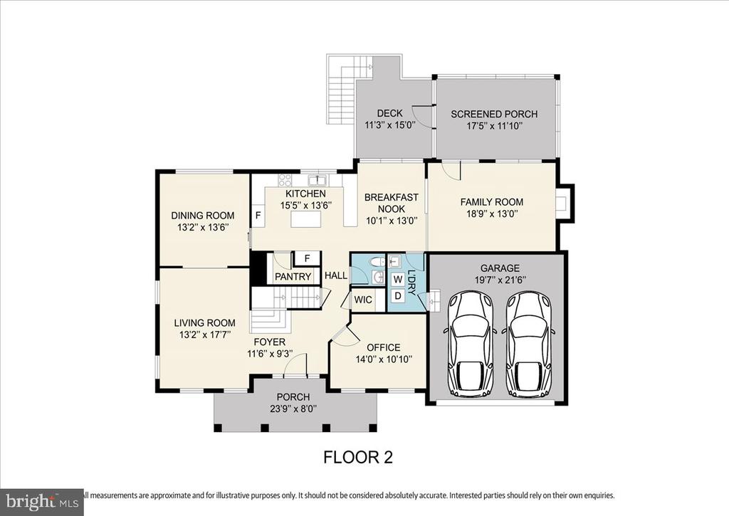 Second-floor plan showing living and dining rooms, kitchen, office, garage, porch, deck, and screened porch.