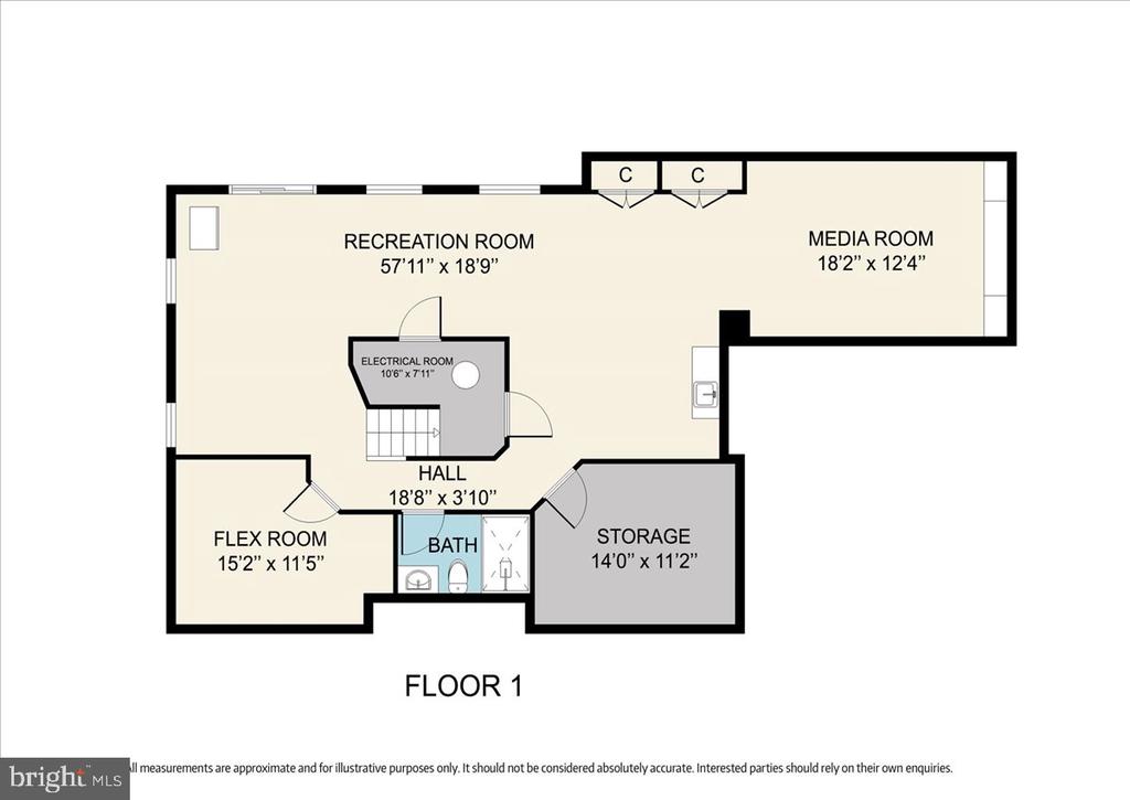 First-floor plan with recreation and media rooms, a flex room, bathroom, and storage.