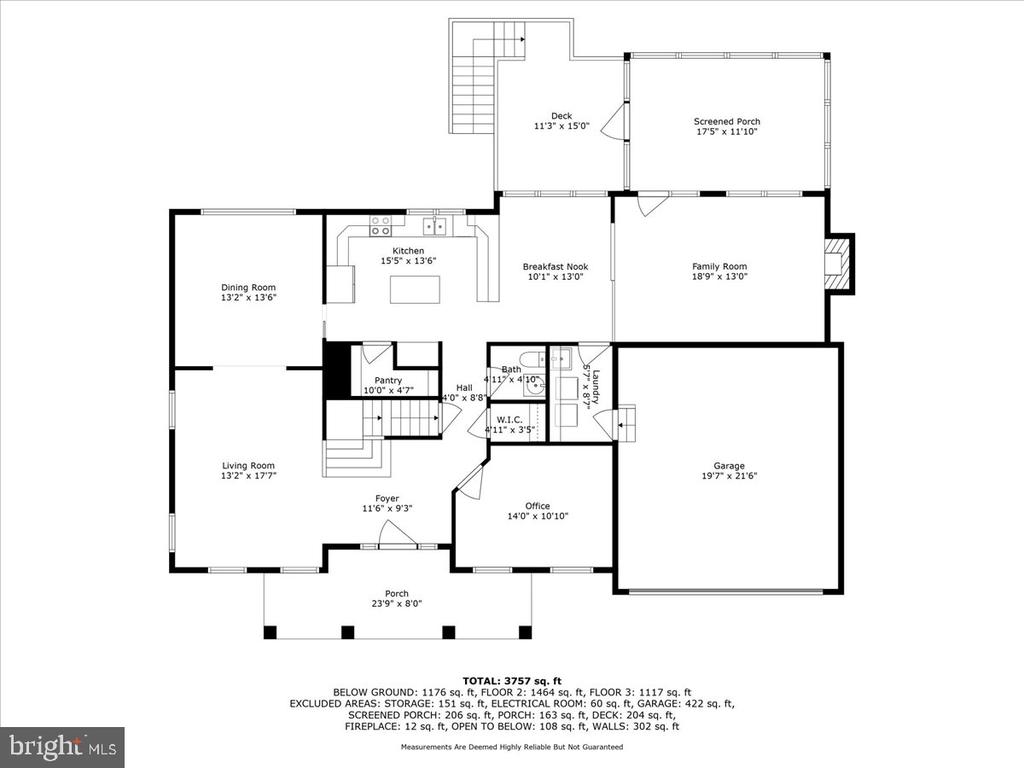 Home floor plan showing living spaces, kitchen, office, garage, porch, screened porch, and deck.