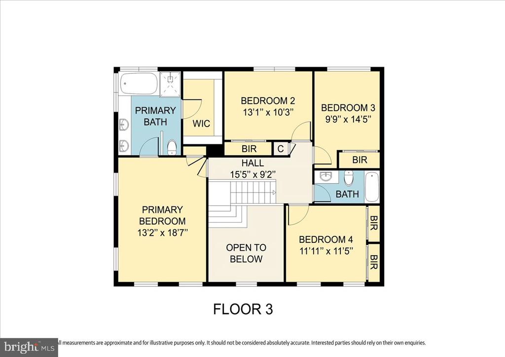 Third-floor plan with four bedrooms, two bathrooms, a walk-in closet, and an open-to-below area.