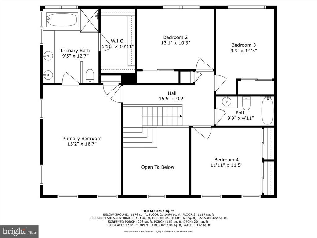 Second-floor home floor plan with four bedrooms, two bathrooms, a walk-in closet, and an open-to-below area.