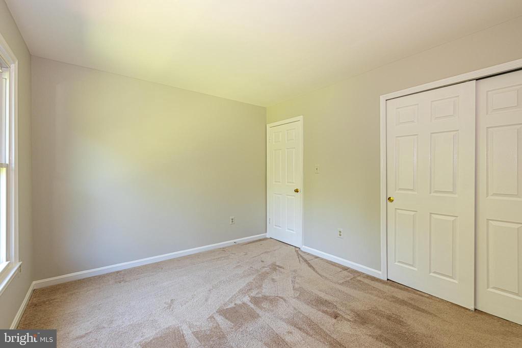 Empty bedroom with beige carpet, a window, and white closet doors.