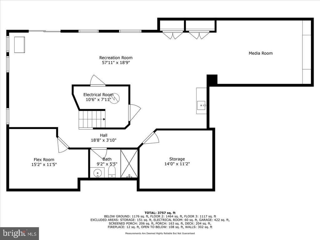 Basement floor plan with recreation and media rooms, flex room, bath, storage, and electrical room.