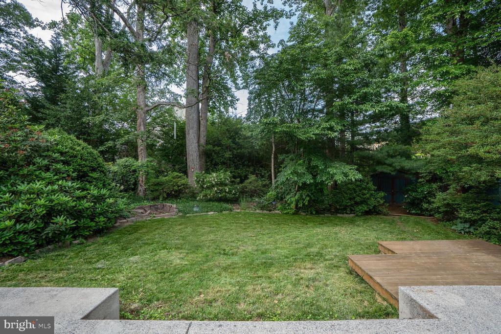 Backyard lawn bordered by mature trees and shrubs, with a wooden deck and concrete patio steps.
