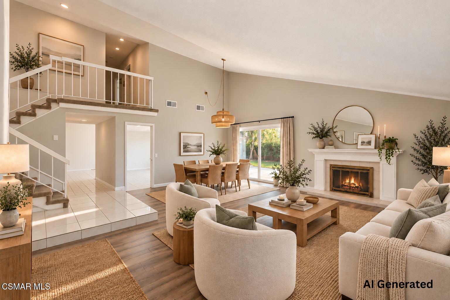 Staged living room with a fireplace, staircase, dining area, and sliding glass doors to the garden.