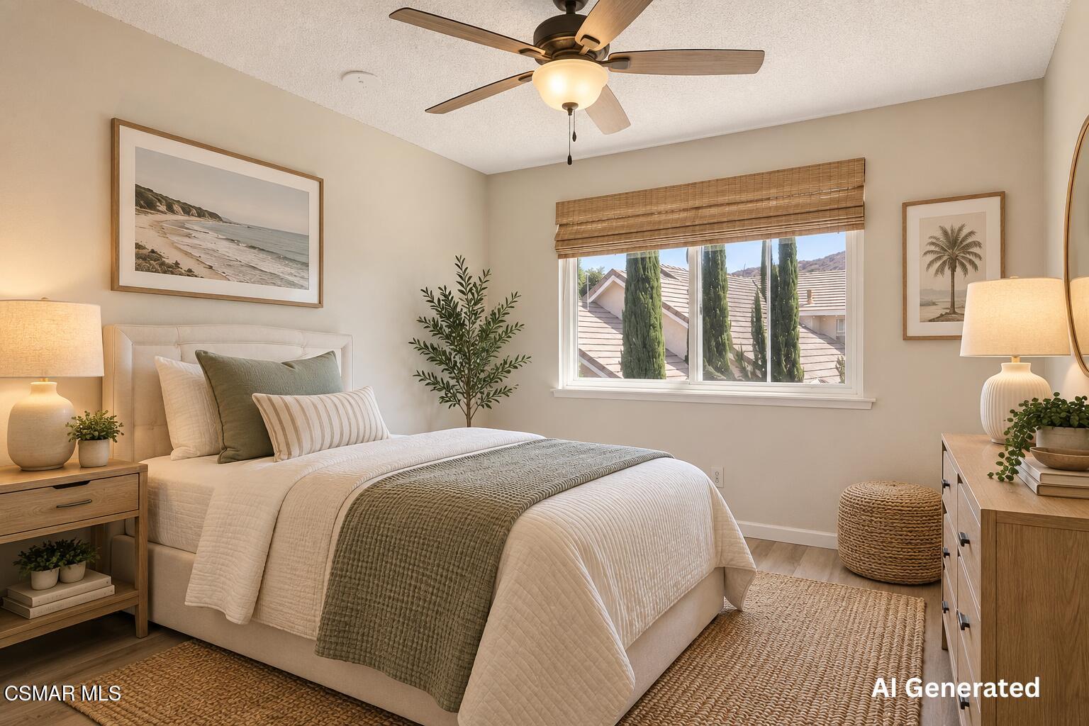 Staged bedroom with a tufted bed, woven shades, ceiling fan, and window overlooking cypress trees.