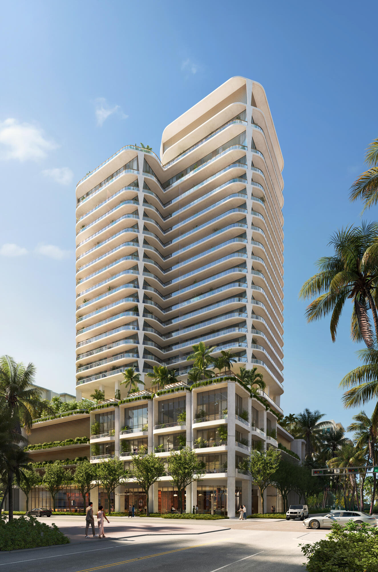 Modern high-rise condominium with curved balconies and palm landscaping along a sunny street.