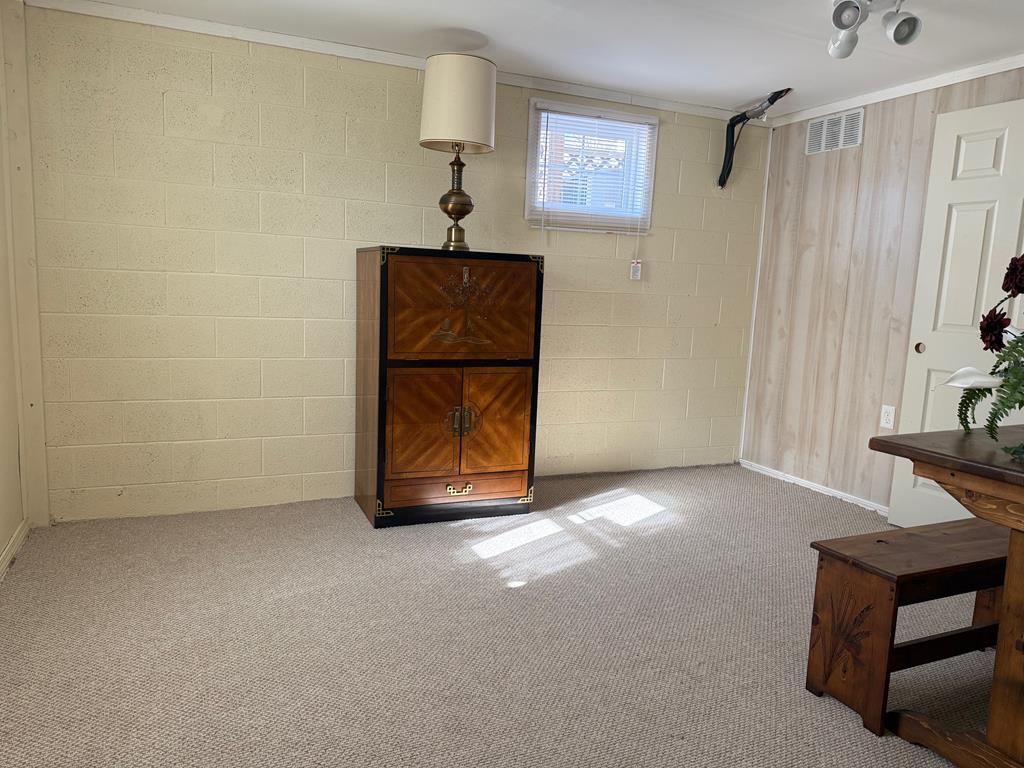 Furnished room with beige carpet, a dark wood cabinet, and sunlight through a small window.