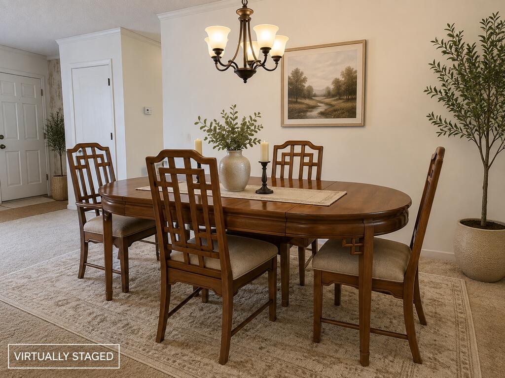Dining room with an oval wooden table, six chairs, and a chandelier; marked virtually staged.