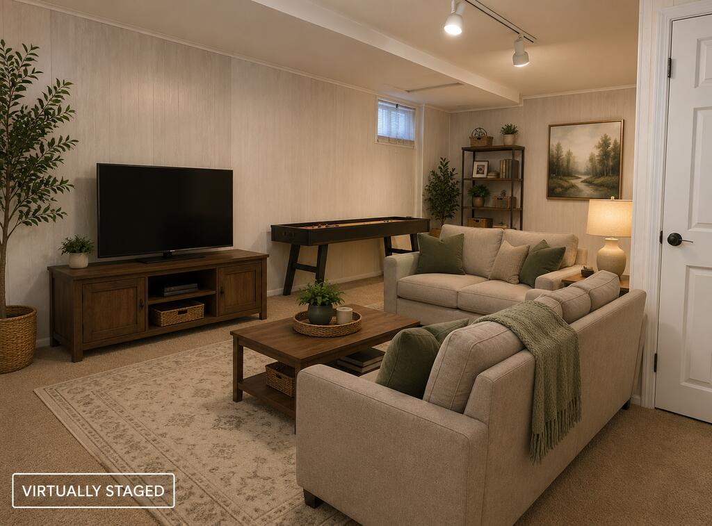 Virtually staged living room with a beige sectional, television, and foosball table.