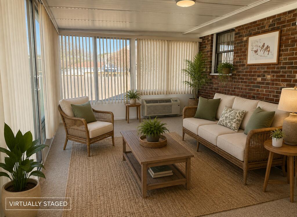 Sunroom living area with wicker seating, a brick wall, and large windows with vertical blinds.