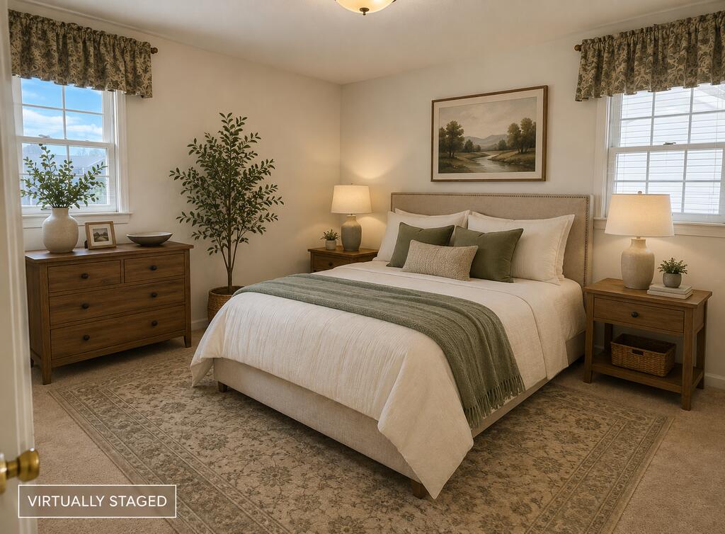 Virtually staged bedroom with a white bed, sage accents, wooden furniture, and windows on either side.