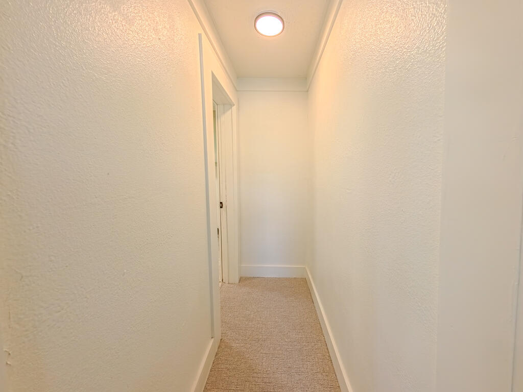 Narrow carpeted hallway with white walls and a recessed ceiling light.