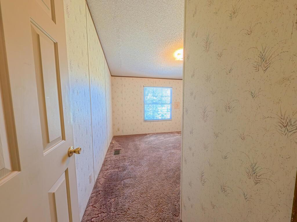 Empty carpeted room with patterned wallpaper and a window with blinds.