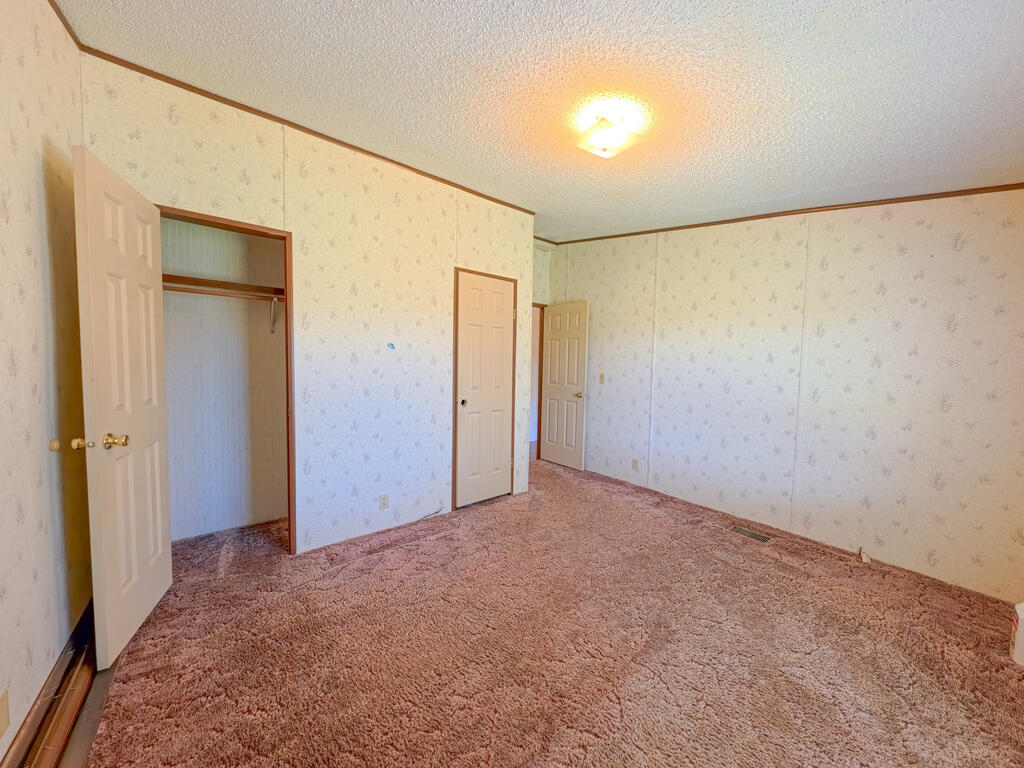 Empty bedroom with pink carpet, floral wallpaper, and an open closet.
