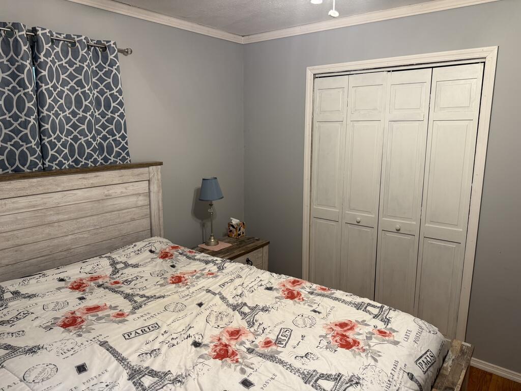 Bedroom with Paris-themed floral bedding, a weathered wood headboard, and white paneled closet doors.